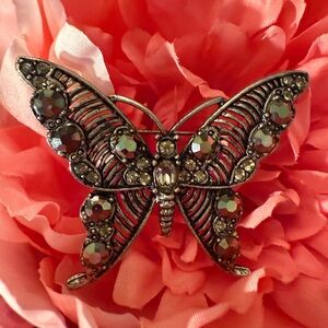 Vintage Butterfly Brooch with Rhinestones and Filigree Etched Wings